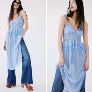 Free People Peplum Sheer Ruffed Lace Trim Slip Dress boho fairy sz XS